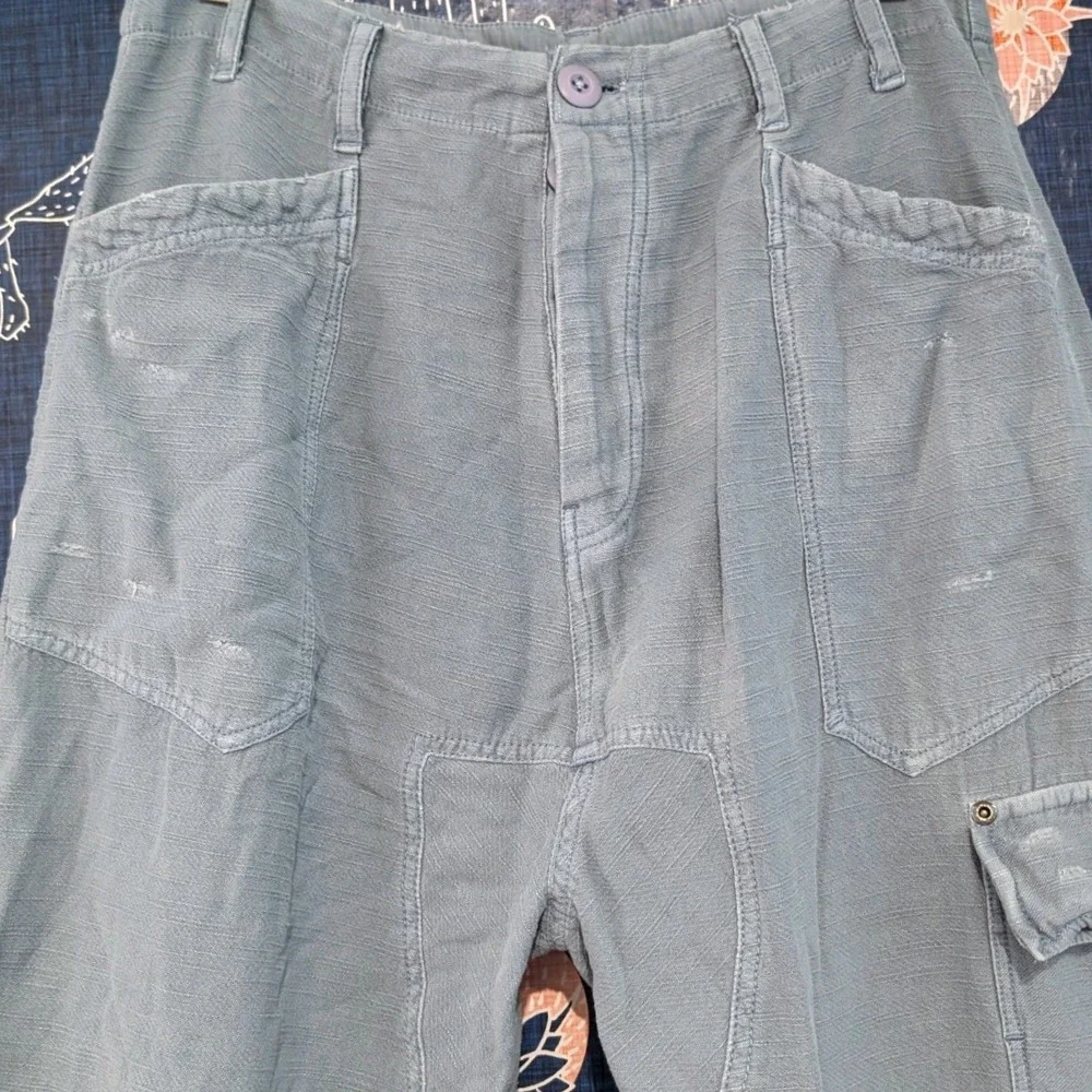 Free People Blue Grey Slub Texture Utility Cargo Pants XS Relaxed Tapered Leg - Picture 6 of 13